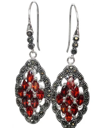 

Genuine 925 Sterling Silver Red Crystal Art Style Marcasite Earrings