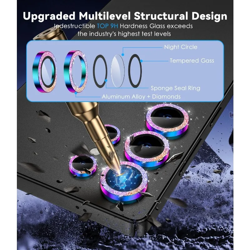 Glitter Decoration Ultra-HD Tempered Glass Camera Lens Protector with Metal Ring