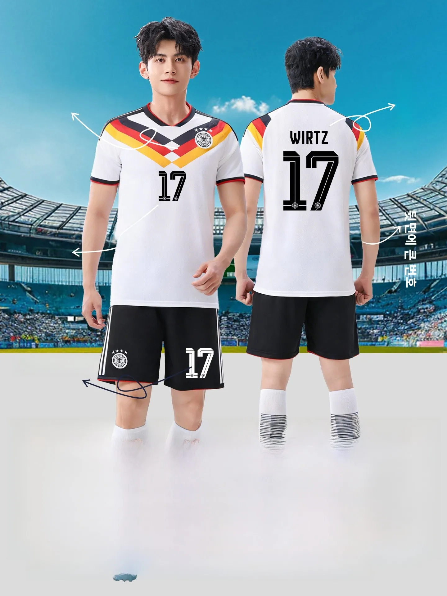 남성용 홈 경기장 축구 유니폼 팬 버전 트레이닝복 세트 반팔 V넥 반바지 폴리에스터 섬유 스포츠웨어