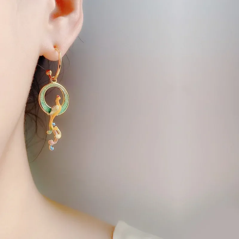 Chinese Style Vintage Enamel Copper Alloy Gild Asymmetric Phoenix Earrings for Women Jewelry Hanfu Party Girlfriend Gift