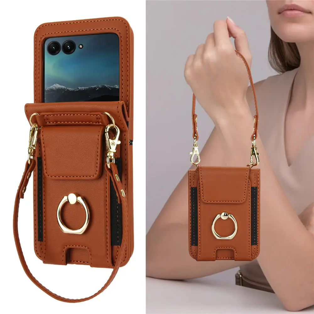 Crossbody Leather Case with Ring Holder, Bracelet, Card Slot, and Long Lanyard – Wallet Cover