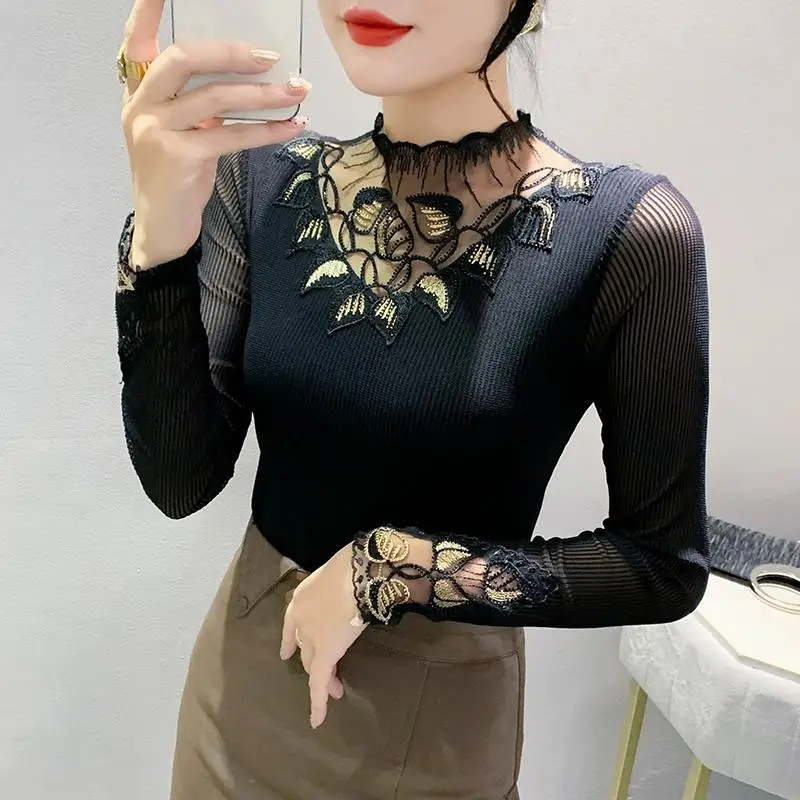 

Футболка женская трикотажная с воротником-стойкой, Модный хлопковый топ с ажурным кружевом и стразами, Европейская станция, Осень-зима