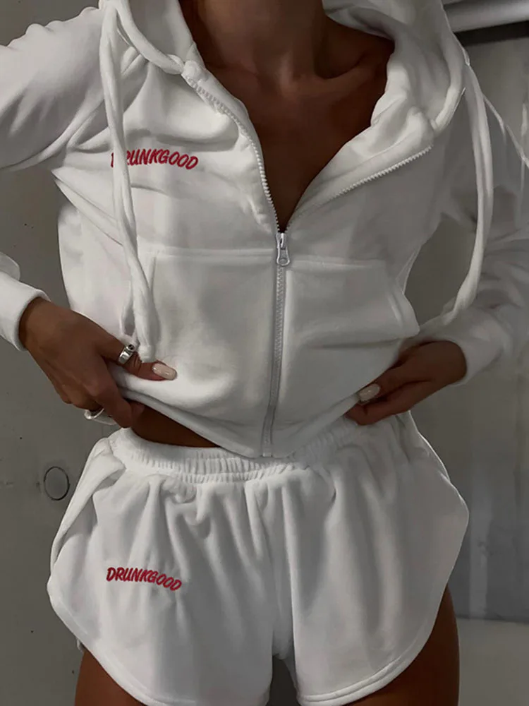 

Apprabant Autumn Embroidery Hoodies Suit Full Sleeve Zipper Zip Up Tops Elastic Waist Shorts Set Women Clothing Casual Style