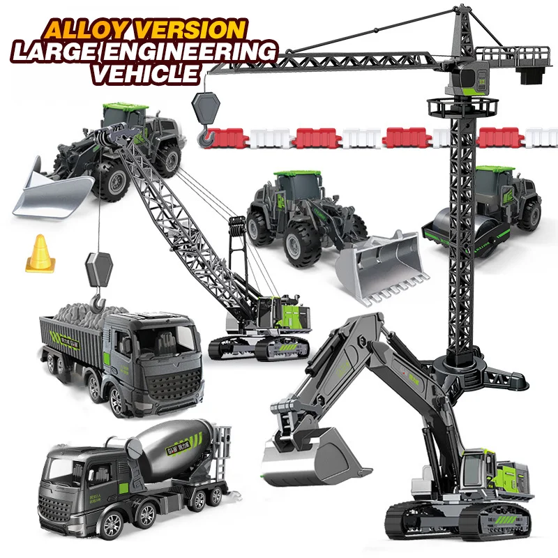 Set di veicoli da costruzione pressofusi: bulldozer, camion, escavatore