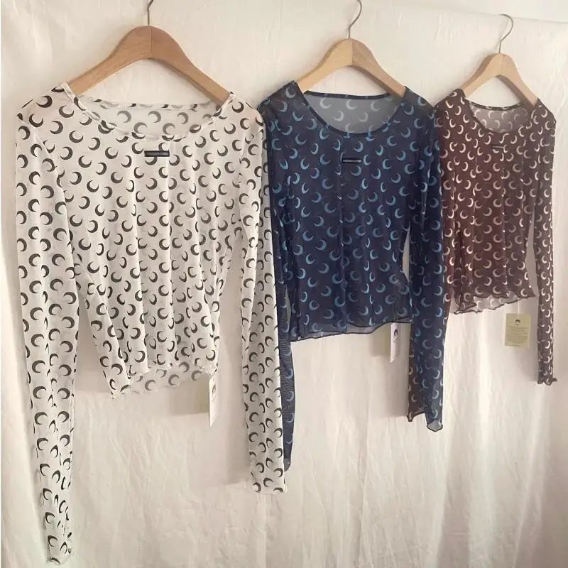 Women Sheer Mesh Shirt Long Sleeve Crop Top Slim Elastic Blouse Y2K Casual Sexy Ruffles Bottoming T Shirt 5