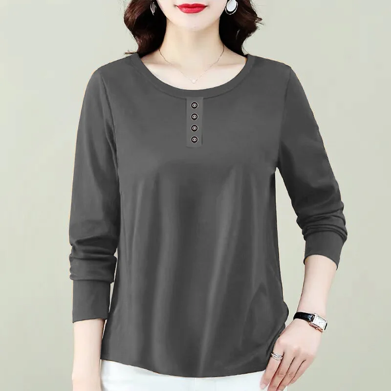 2023 Autumn Women Clothes Retro Simple Casual Button Loose Basic T Shirt Female Solid Color Round Neck Long Sleeve Pullover Tops 2