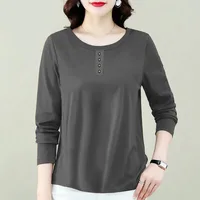 2023 Autumn Women Clothes Retro Simple Casual Button Loose Basic T Shirt Female Solid Color Round Neck Long Sleeve Pullover Tops 2