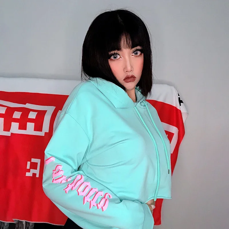 2023 Spring and Autumn Green Hip Hop Harajuku Crop Top Streetwear Long Sleeve Loose Panelled Letter Hoodies Sweatshirt Women autumn women s high waist jeans spliced panelled wide leg loose slimming design straight split mop floor daddy pants baggy jeans