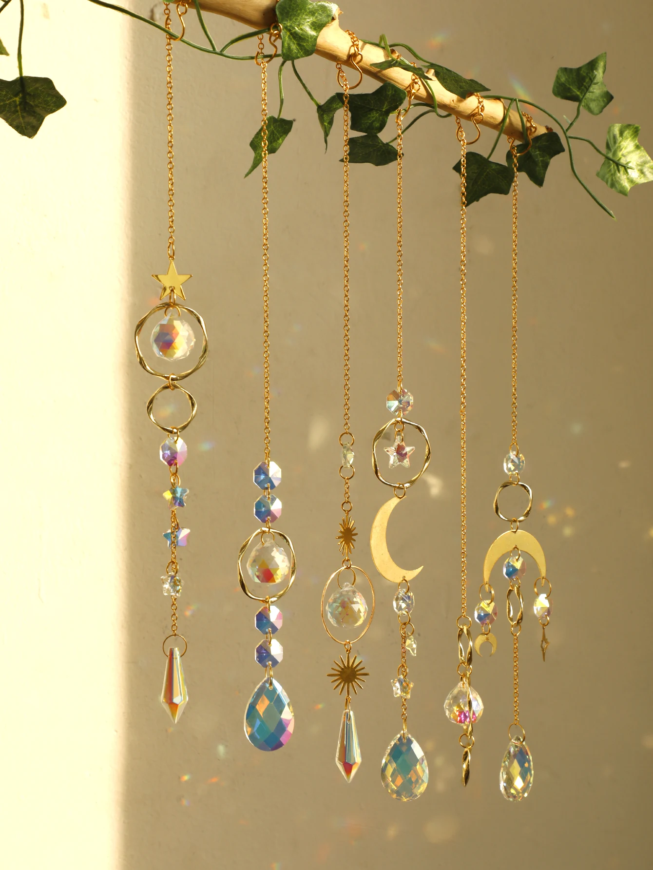 Crystal Sun Catchers Moon Star Hanging Decoration Prism Rainbow Maker Teardrop Chandelier Yard Garden Wind Chimes Outdoor Decor