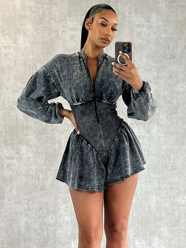 Weird Puss Elegant Sexy Patchwork Romper Women Skinny Elastic Lantern Sleeve Zipper Playsuits Sexy Vintage Streetwear Overalls