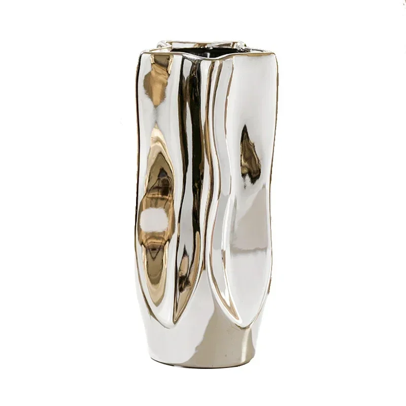 Luxury Electroplated Silver Ceramic Vase Flower Arrangement Irregular Porcelain Hydroponic Vase Ornament Interior Art Decoration 5