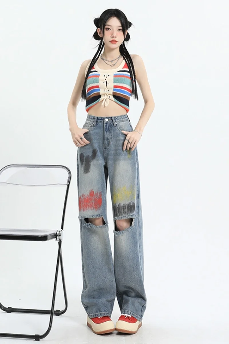 Ink Knee Perforated Straight Jeans Women's Summer Narrow High Waist Slim Loose Design High Street Wide Leg Pants