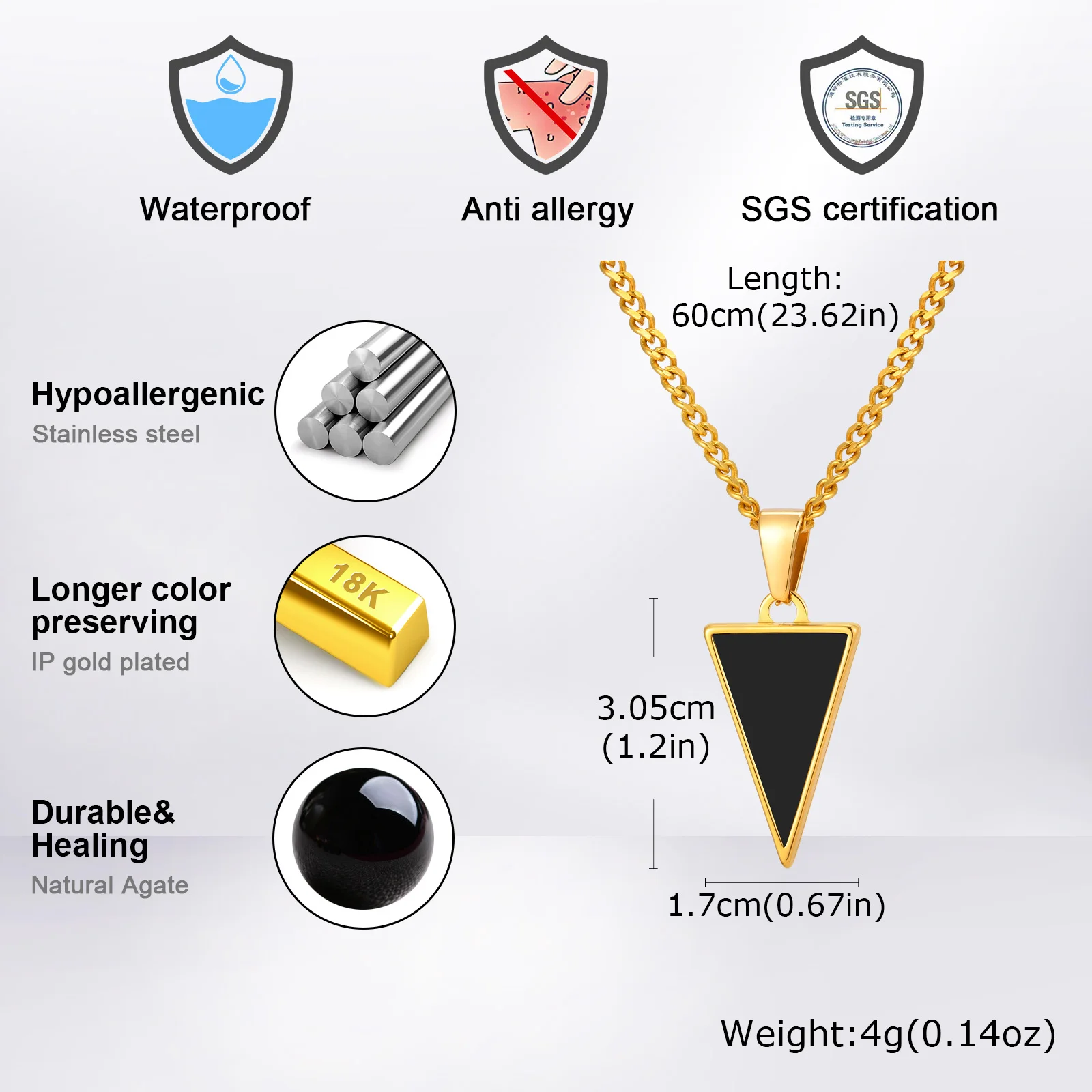 Man Triangular Black Agate Pendant Necklace,Waterproof Stainless Steel Natural Stone Geometric Pendant,Birthday Party Gift