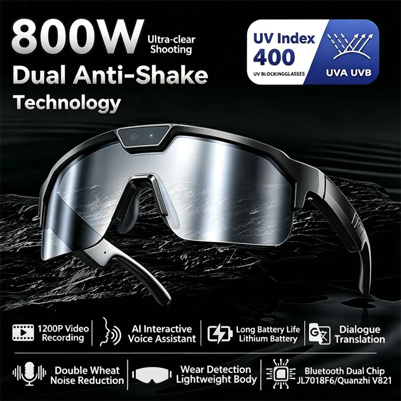 Occhiali con Telecamera AI Smart 8MP per Bicicletta, Registrazione Video HD 1200P, Anti-Shake, Riduzione del Rumore, Traduzione in Tempo Reale, Chiamate Bluetooth, Modello Maschile