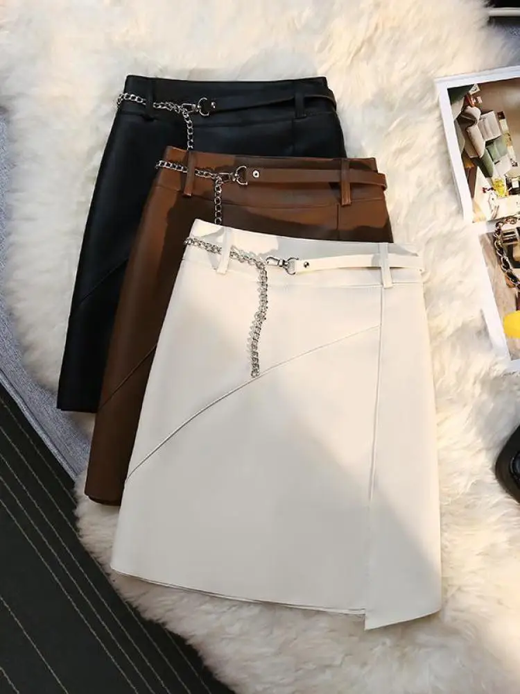 

Faux Leather A-line Skirt Women High Waist Irregular Mini Skirts Female Autumn Winter Casual Solid Color All-match Vintage Skirt