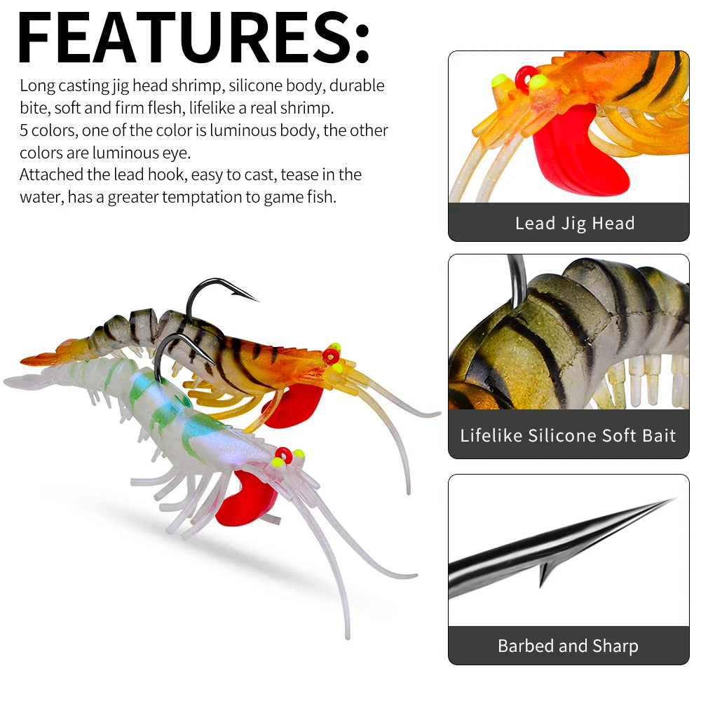 4/5Pcs With Hook Shrimp Soft Lure Shrimp Silicone Artificial Bait