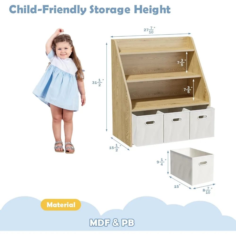Kids Bookshelf and Toy Organizer, Wooden Kids Bookcase, Toddler Montessori Bookshelf with 3 Movable Drawers, Toy Storage 2