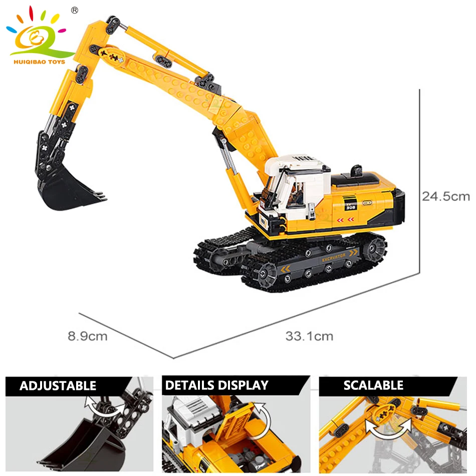 HUIQIBAO Engineering Truck Building Blocks Vehicle Excavator Bulldozer Crane Car Bricks City Construction Toys For Children Boys - 4