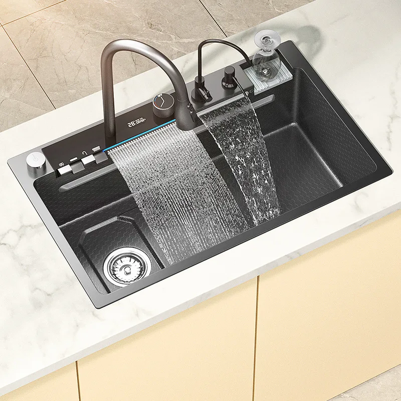 Waterfall Kitchen Sink Single-Slot intelligent Stainless Steel Smart Honeycomb embosse