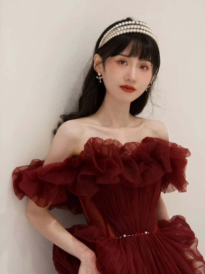

Bride Fairy Burgundy Off-shoulder Evening Dresses 2022 Women Elegant A-line Tulle Party Ball Gowns Toast Clothing