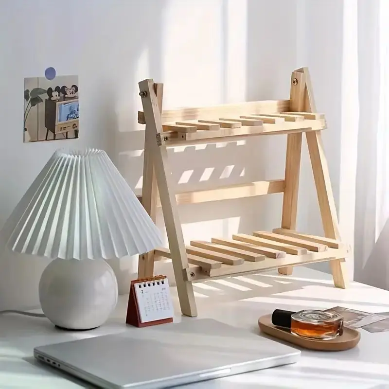 1pc Wooden 2-Tiers Desktop Storage Shelf Organizer Trapezoidal Desk Display Rack Stationary Office