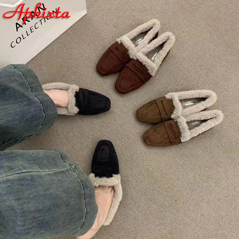 Aphixta Warm Furry Loafers Flat With Women Shoes Short Plush Slip On Sewing Leopard Pointed Toe Flats Autumn Winter