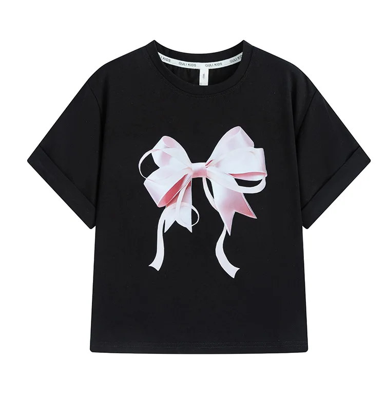 

Футболка для девочек, Новинка лета 2024, детская модная футболка с принтом и бантом, топ с коротким рукавом для девочек, одежда для мальчиков