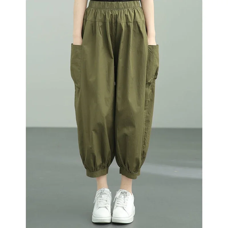 Women Y2K Casual Streetwear Cotton Baggy Harem Pants Summer Vintage Breathable Elastic Waist Loose Cropped Trousers Pantalones