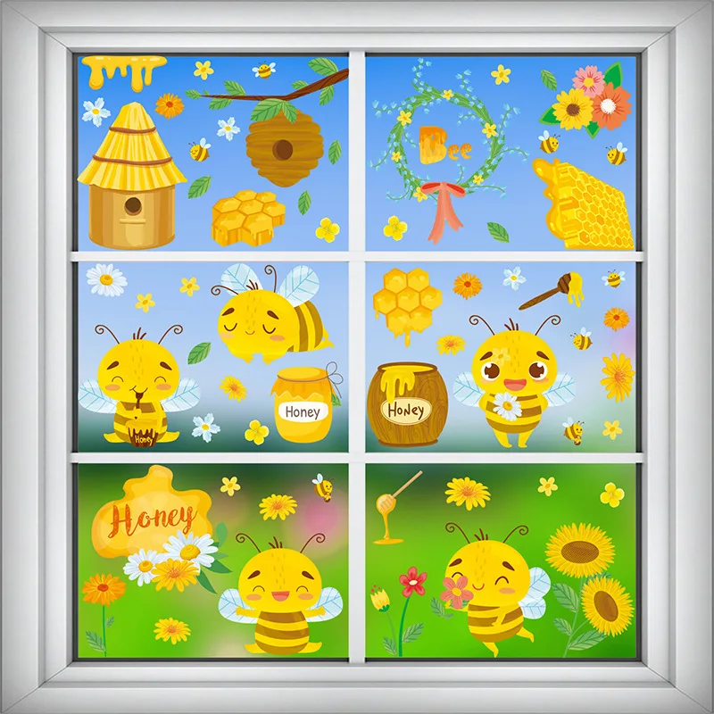 Cute Cartoon Bee Glass Sticker, Static Window Sticker, Mobile Glass Door, 4Pcs