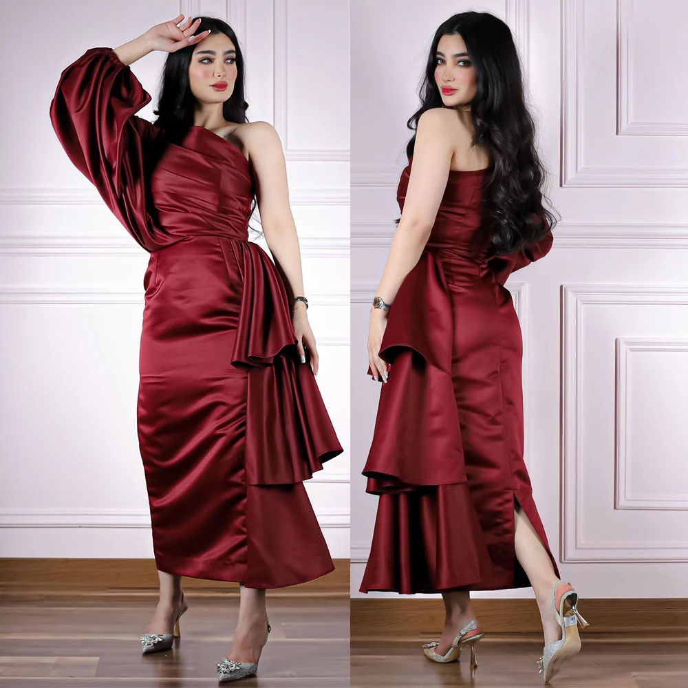 

Prom Gown Satin One Shoulder Long Sleeve Straight Evening Party Dresses Ankle-Length Celebrity Banquet Dress فساتين الحفلات