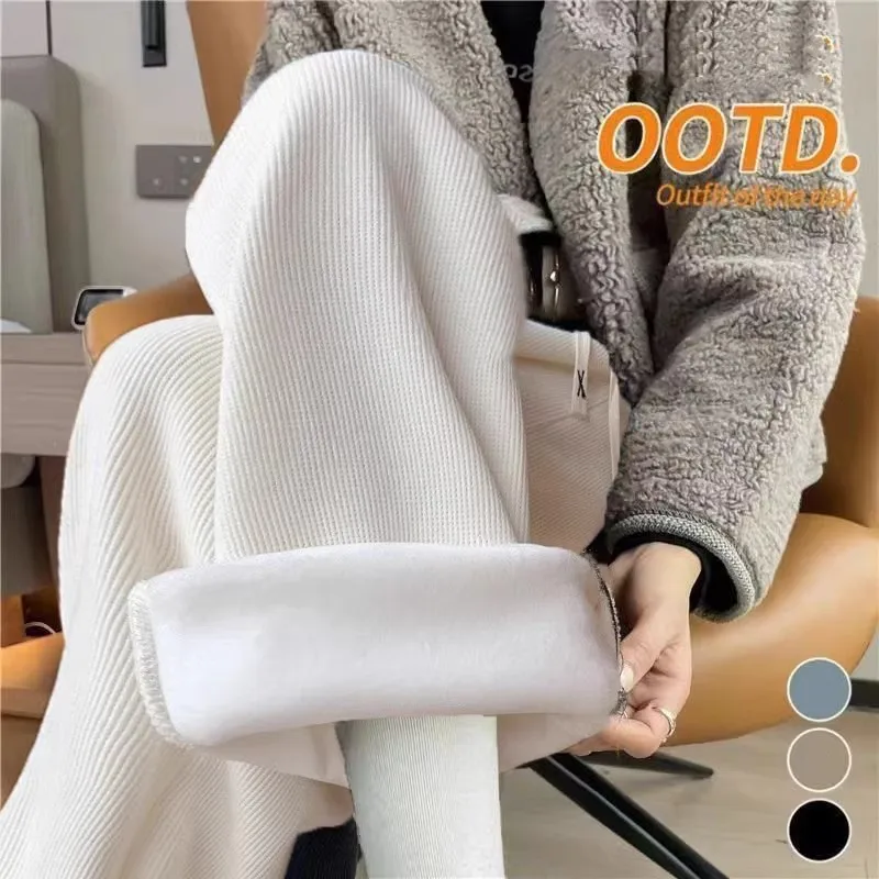 European cotton velvet wide-leg pants off-white [plus velvet]