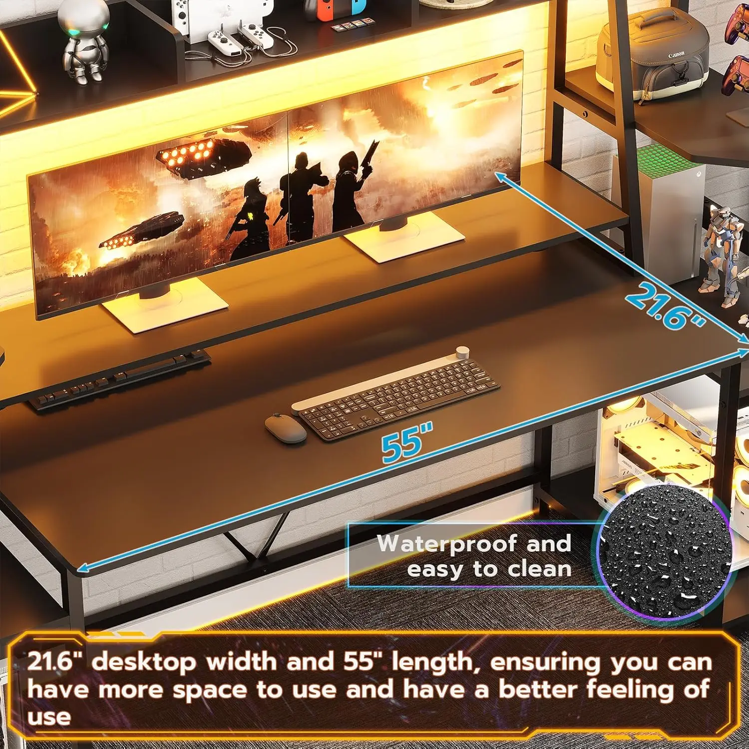 SEDETA Gaming Desk 78.8'' with LED Lights Hutch and Storage Shelves Computer Desk with Monitor Stand Large PC Gamer Desk 4