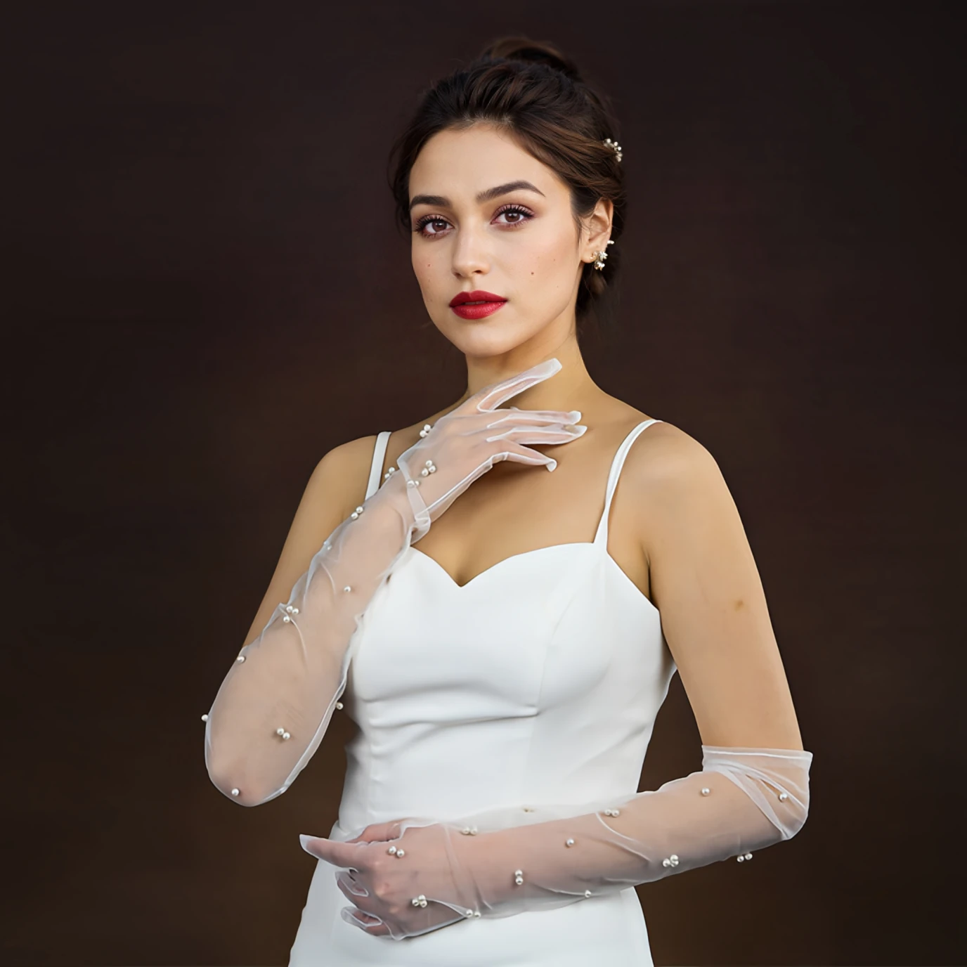 Vintage Transparent Wedding Gloves Pearls Long Elbow Mittens Mesh Arm Covers Women Party Bridal Dress Accessories Photo VPM07