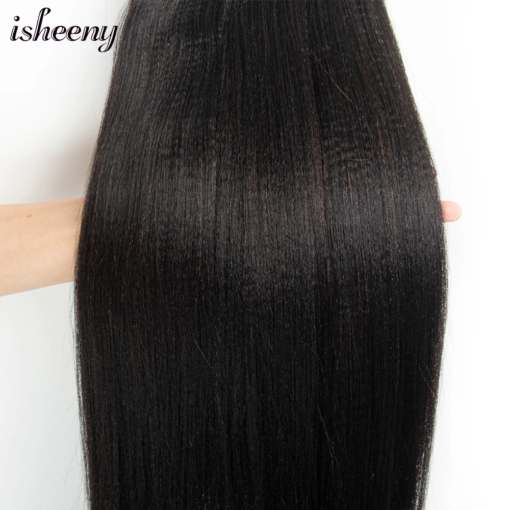 Isheeny Light Yaki Tape In Extensions Natural Black Hair 12"-22" Yaki Straight Tape In Human Hair Extensions Invisible Ins