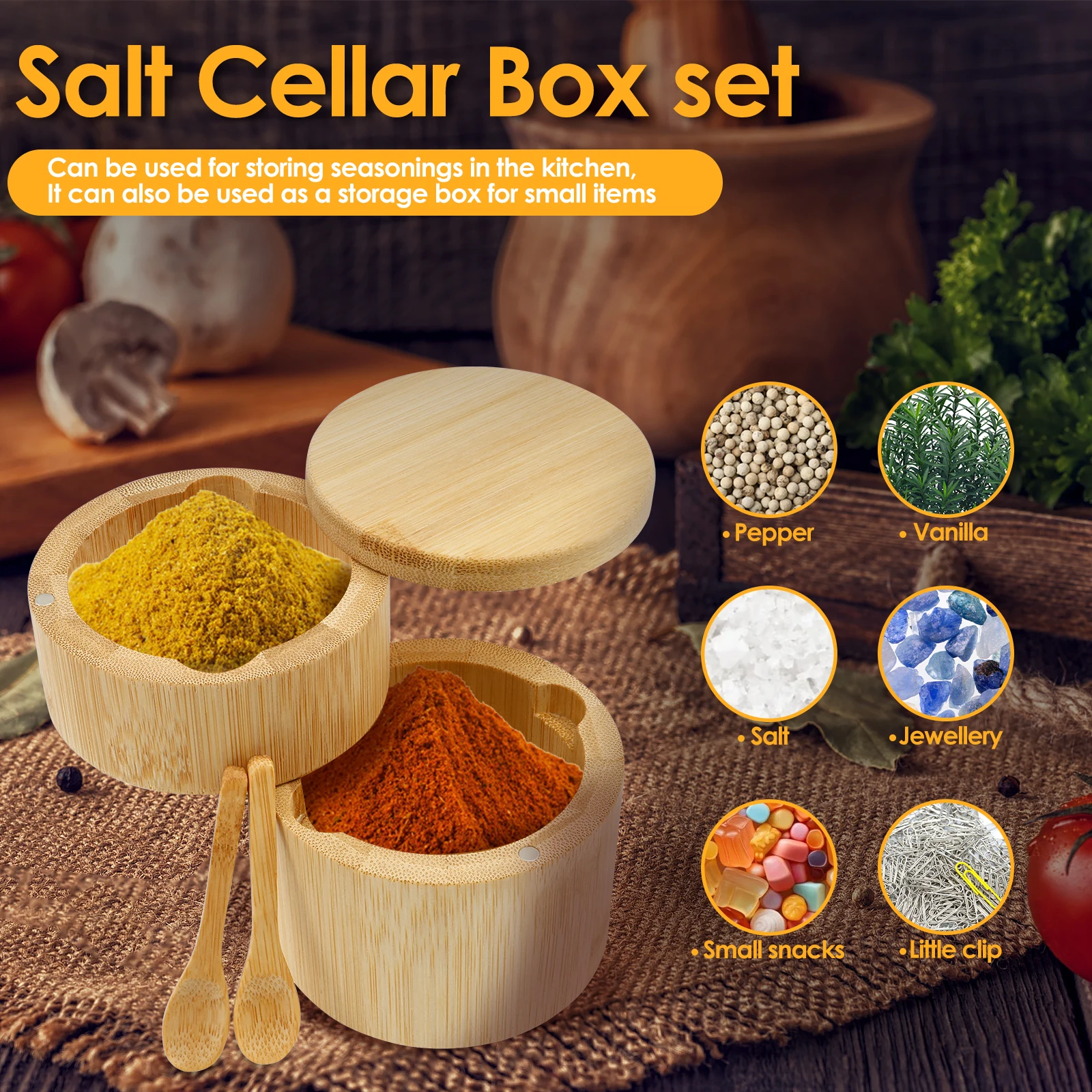 Bamboo Double Deck Salt Pepper Jars with Magnetic Lid