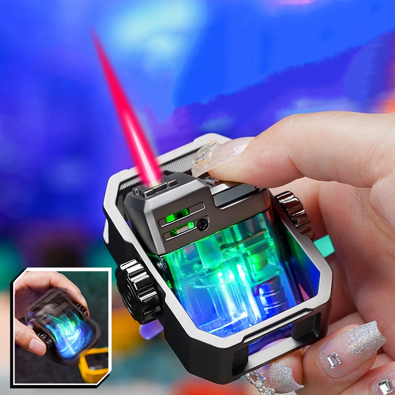 

New Mechanical Gyro Lighter Metal Windproof Butane Transparent Luminous Body Red Flame Lighter Creative Cool Smoke Men's Gift