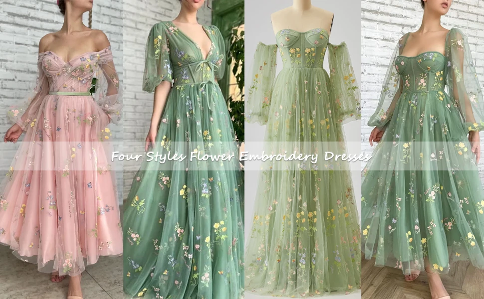 Blumenstickerei Tüll Puffärmel Ballkleider Lange A-Linie Fee Maxi Formelle Abendparty Kleid