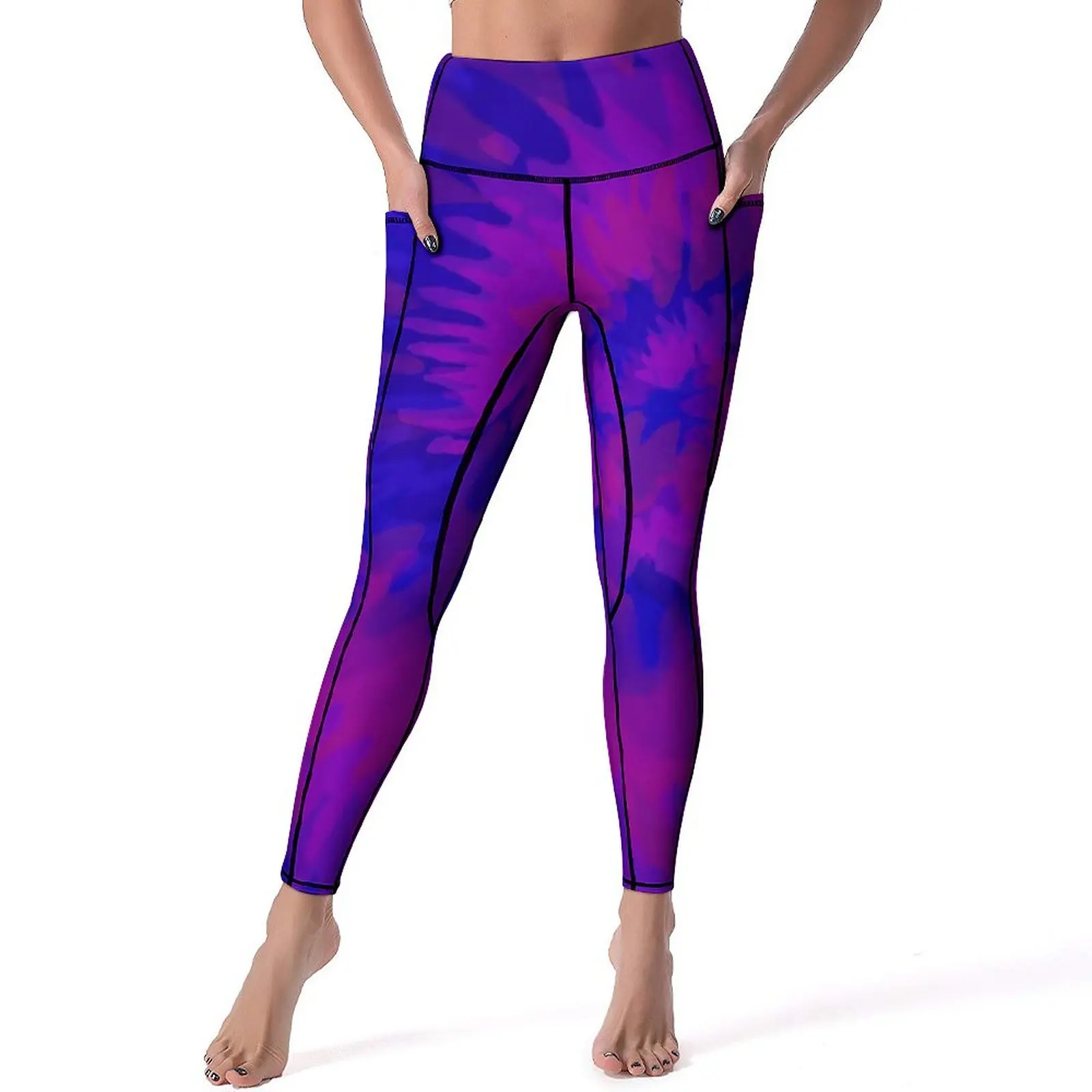 

Blue Purple Tie Dye Yoga Pants With Pockets Abstract Print Leggings Sexy High Waist Yoga Sports Tights Elastic Gym Leggins