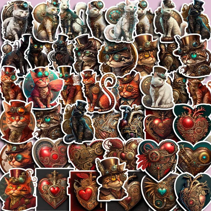 

10/50Pcs Retro Steam Punk Cat Hand Net Material Stickers Luggage Case Computer Decal Room Decorative Prop Creative Toy