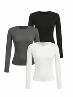 Women's solid-color long-sleeved T-shirt - Polyester knitted fabric, round neck, regular fit, fall-winter style