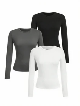 Women's solid-color long-sleeved T-shirt - Polyester knitted fabric, round neck, regular fit, fall-winter style 1