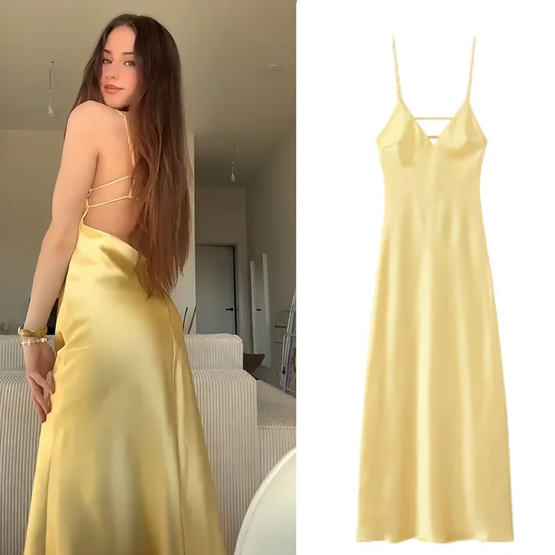 TRAFZA 2025 Summer Women V-Neck Yellow Dress Sexy Backless Women Casual Slim Stain Texture Sling Long Dress For Beach Party 4