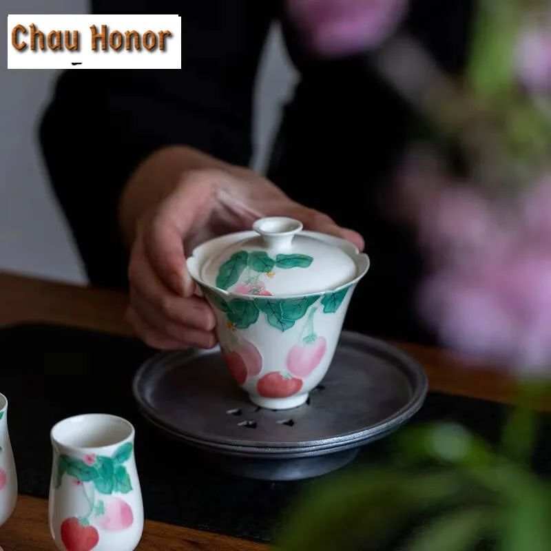 125ml Boutique Hand Painted Strawberry Gaiwan Ancient Tea Tureen Tea Bowl With Lid Kit Tea Making Cover Bowl Teaware Craft Gifts
