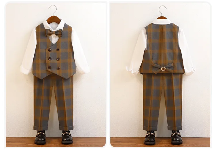 Britischer Stil Herbst Kinder Jungen Plaid Anzüge Formelle Jungen Anzug Set 7 bis 14 Jahre Hochzeit Elegante Prom Anzüge Outfits für Teenager Jungen – Detail 3