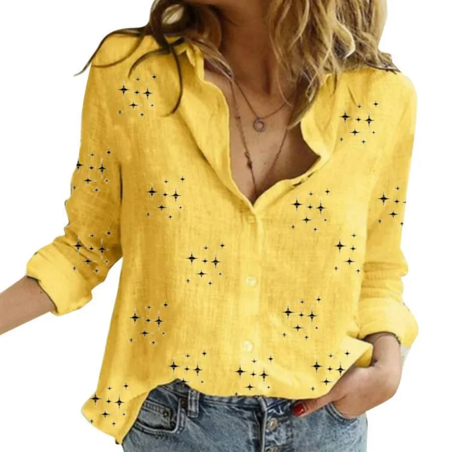 

Stars Print Cotton Linen Shirts New Vintage Autumn Long Sleeve Loose Blouses for Women White Tops Casual Leisure Top Blusas