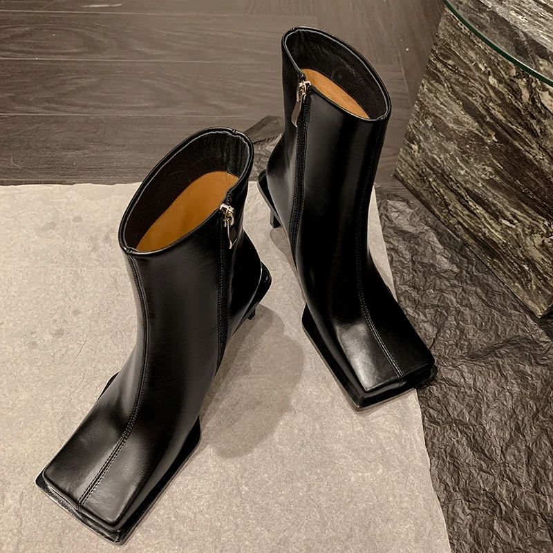 Square Toe Shaped Heel Women's Ankle Boots Genuine Leather Side Zipper Solid Woman Short Boots Autumn New Fashion High Heels