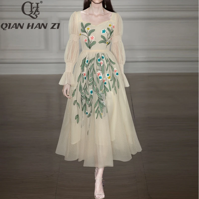 

Qian Han Zi Designer Elegant dresses for women 2023 new Lantern sleeved Mesh Vintage flower embroidery Midi Dress