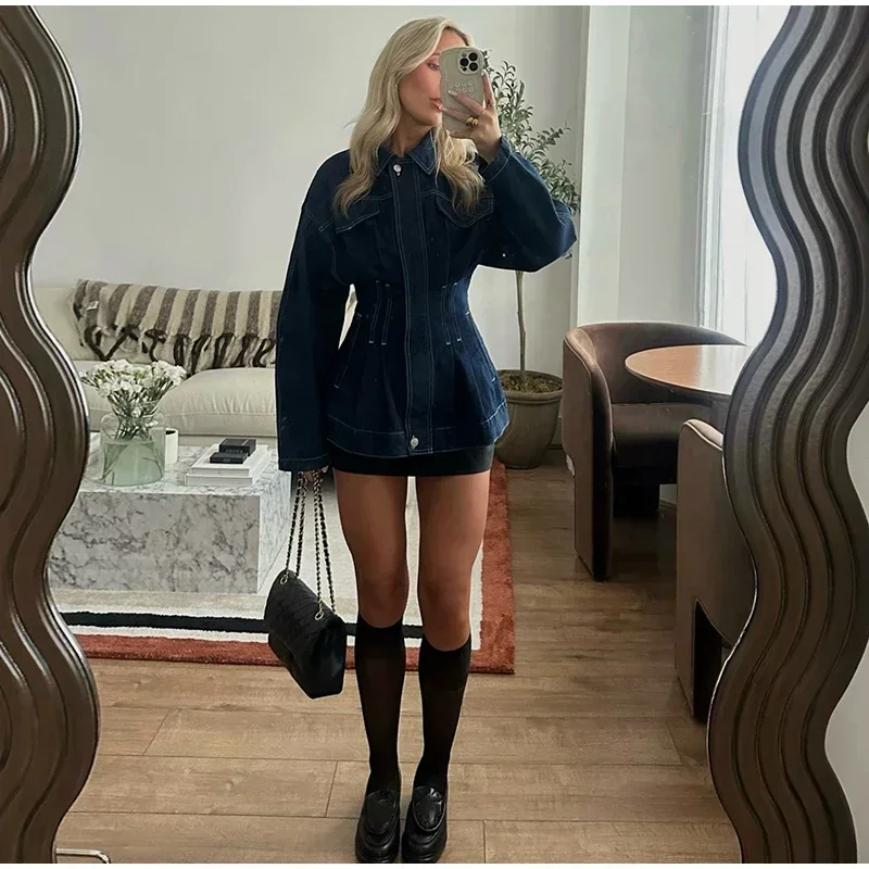 Chaqueta vaquera de calle para mujer, con solapa, mangas largas y cremallera, azul oscuro, cintura ceñida, abrigos vaqueros para mujer, primavera 2025, ropa exterior Y2K para mujer