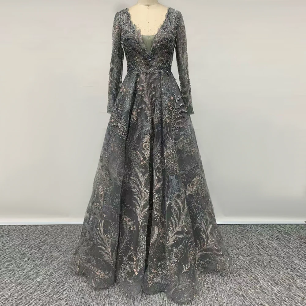 Sf2a2498141224fea968bbd6160b4c82by Elegant Long Sleeve Arabic Evening Dress V-Neck Dubai Luxury Crystal Muslim Plus Size Women Wedding Party Gown Mallzona