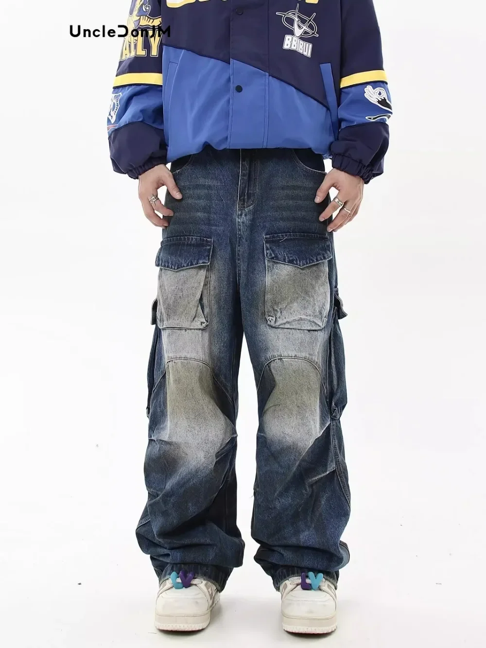 Dirty Fit Baggy Jeans Men's Straight Pleated Multi-pocket Streetwear Men Distressed Cargo Pants